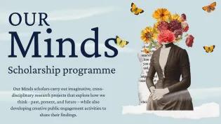 Collage of headless edwardian lady with flowers coming from the next in place of the head; surrounded by butterflies and cloud-like blemishes