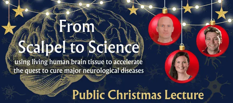 Lecture title, speakers heads in baubles, fairy lights, stars, navy blue background gold brain