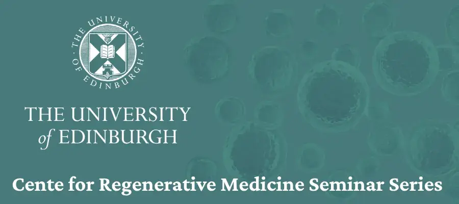 University logo with CRM seminar series, jade background, stem cells graphic
