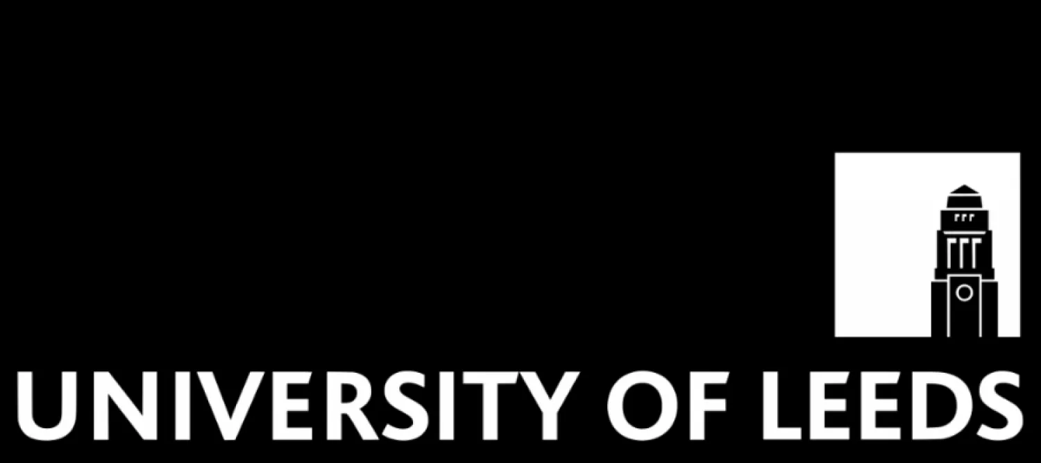 White university of leeds logo on black background