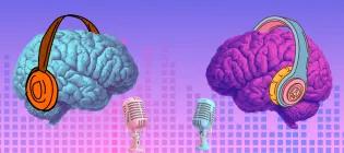 Two brains, with headphones and mics, colourful background