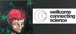 cracked face with open skull and red brain visible; brain cell motifs in background