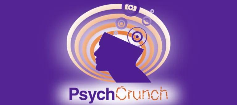Purple background and gold concentric circles flanked by an open human head in profile and escaping concentric circles