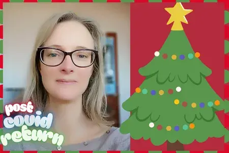Portrait of Heather Whalley with Christmas tree and border