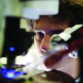 Photograph of male non-clinical researcher using electrophysiology equipment